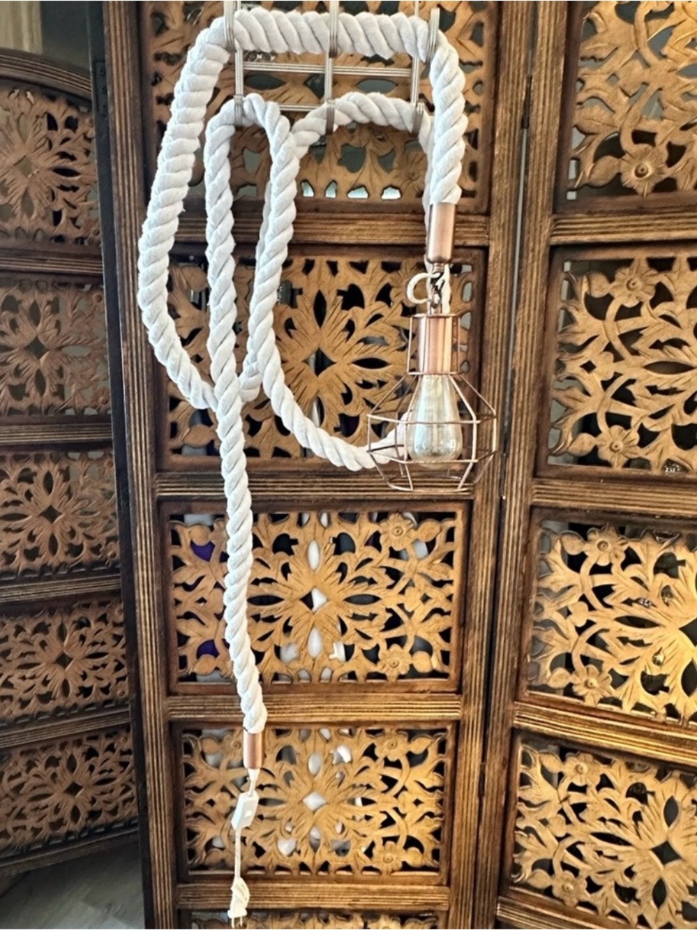 Nautical Plug In Caged Edison Bulb Pendant Light Hanging From Hemp Rope. - Picture 3 of 8